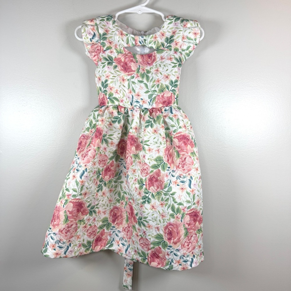 Bonnie‎ Jean Floral Jacquard Bow Girls Dress 4T Pink Green Rose Easter Holiday